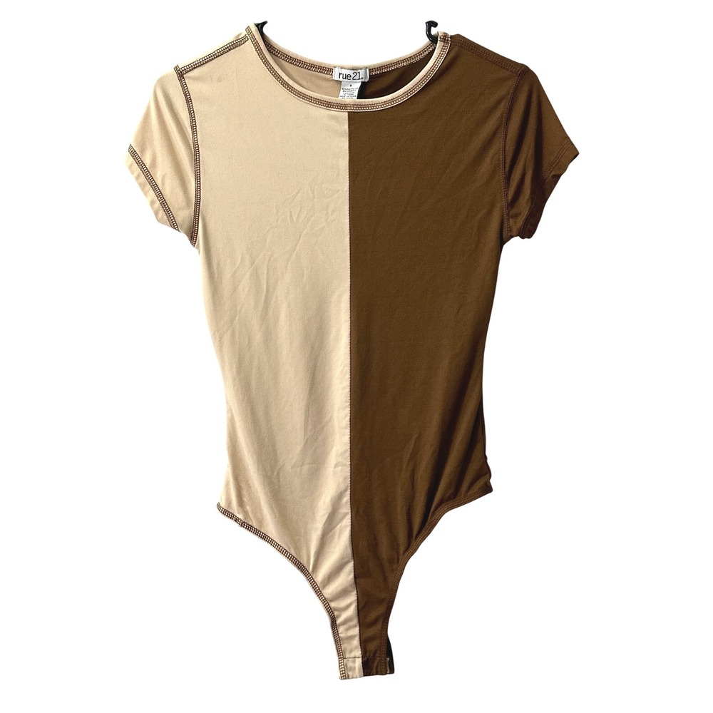 rue21 Bodysuit S Brown Tan Two Tone Split Colorblock Y2K Aesthetic Streetwear